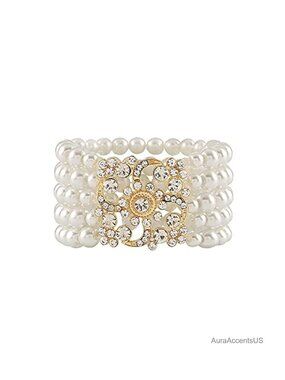 Vintage Floral Pearl Crystal Elastic Bangle Bracelet Bridal Wedding 1920s Party